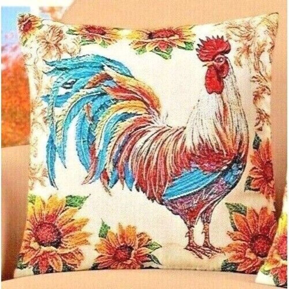 Rooster Sunflowers Pillow Cover Zippered Farmhouse Red Blue Tan 17.5" Square NEW